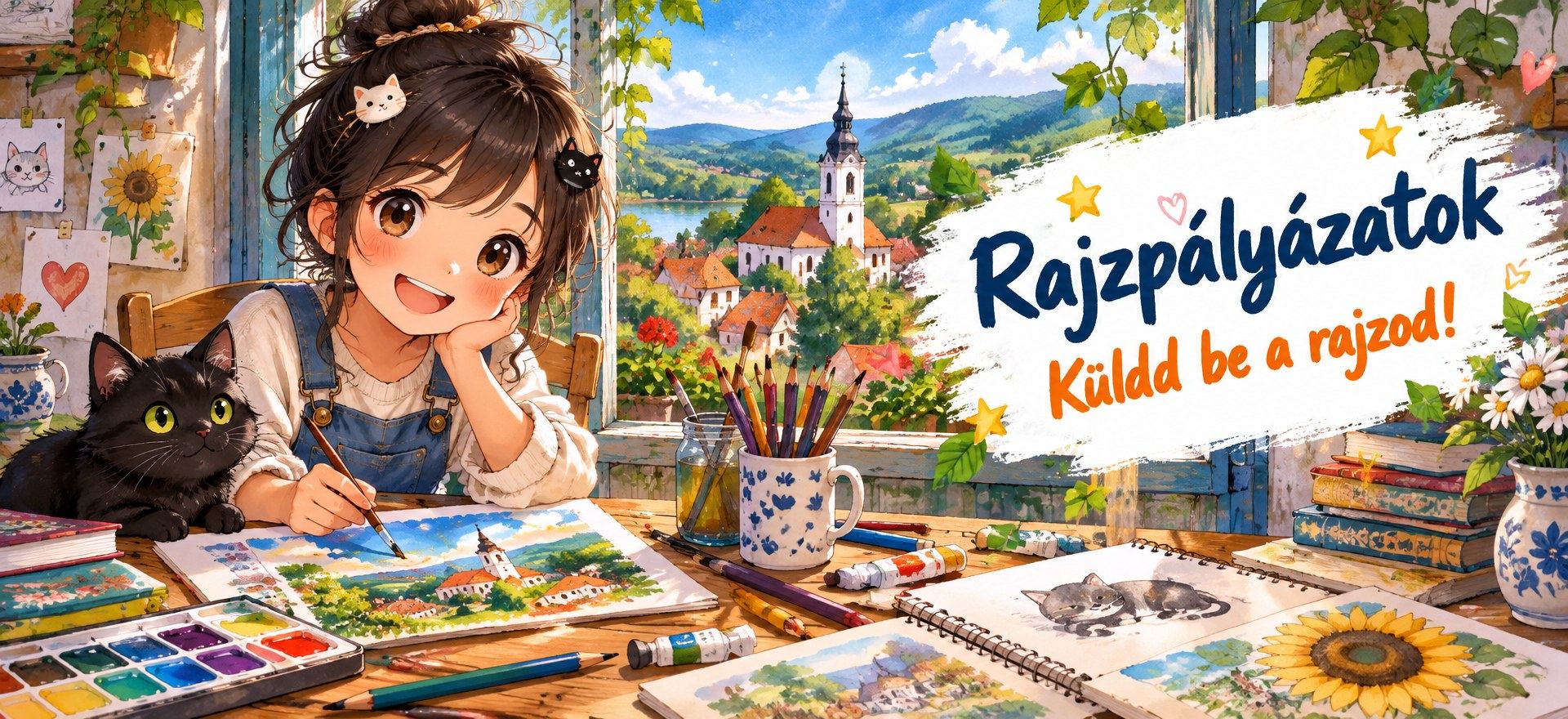Rajzpályázatok illusztrált banner – rajzolós kislány, falusi táj és fekete macska